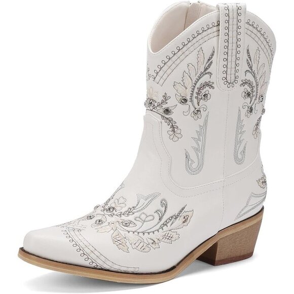 Shoes - Women's White Embroidered Side Zipper Comfortable Chunky Heel Western Boot